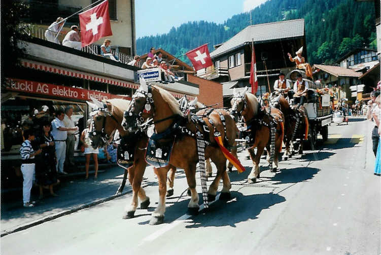 6-spnniges Pferdefuhrwerk der Brauerei Feldschlsschen am 7. August 1988 in Adelboden, Landstrasse (Festumzug 100 Jahre Kur- und Verkehrsverein Adelboden)