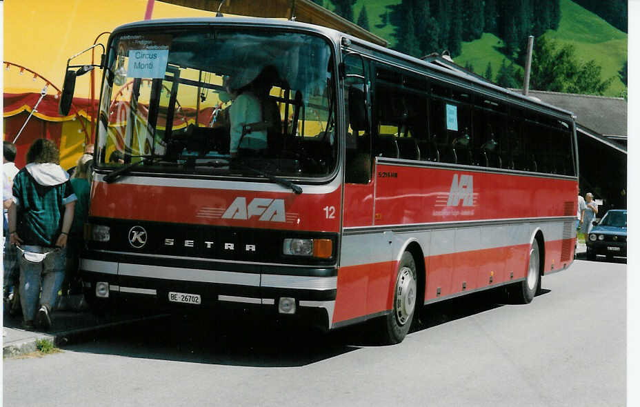 AFA Adelboden - Nr. 12/BE 26'702 - Setra (Jg. 1985) am 2. August 1995 in Adelboden, Boden