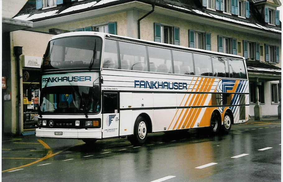 Fankhauser, Sigriswil - BE 139'144 - Setra am 19. Februar 2000 beim Bahnhof Frutigen